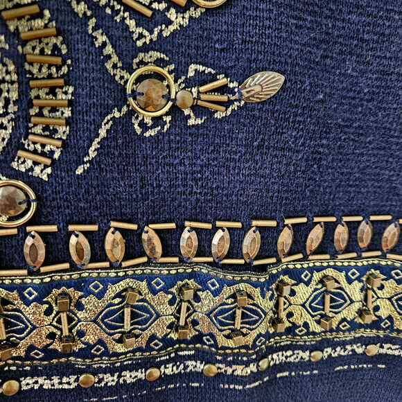 Chico’s Demitria‎ Cardigan Women L Navy Gold Embroidered Byzantine Beaded Zip Up - Picture 8 of 11